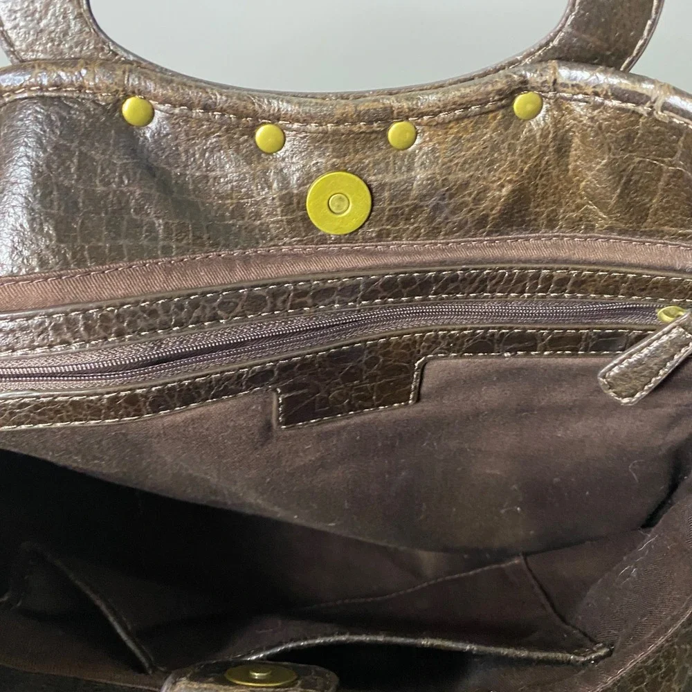 Ann Taylor Loft Faux Croc Embossed Tote Bag‎ Brown Rounded Handle Stud Accents